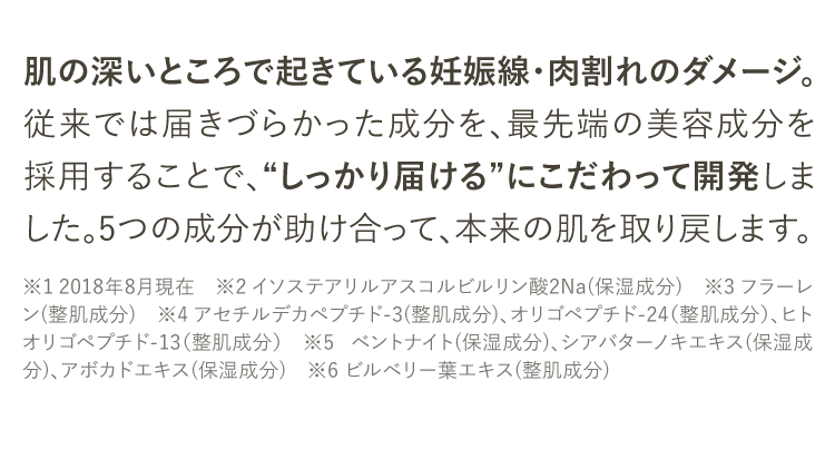 肌の深いところで起きている妊娠線・肉割れのダメージ。従来では届きづらかった成分を、最先端の美容成分を採用することで、“しっかり届ける”にこだわって開発しました。5つの成分が助け合って、本来の肌を取り戻します。