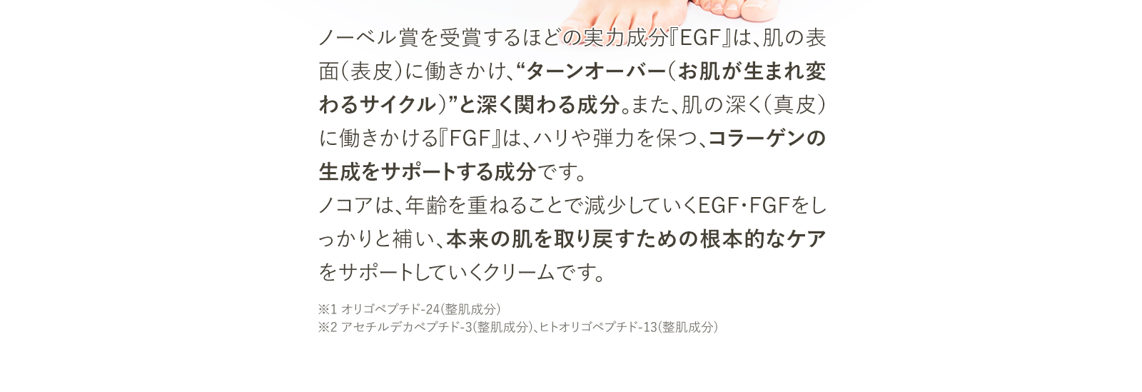 ノーベル賞を受賞するほどの実力成分『EGF』は、肌の表面（表皮）に働きかけ、“ターンオーバー（お肌が生まれ変わるサイクル）”と深く関わる成分。また、肌の深く（真皮）に働きかける『FGF』は、ハリや弾力を保つ、コラーゲンの生成をサポートする成分です。
	      ノコアは、年齢を重ねることで減少していくEGF・FGFをしっかりと補い、本来の肌を取り戻すための根本的なケアをサポートしていくクリームです。