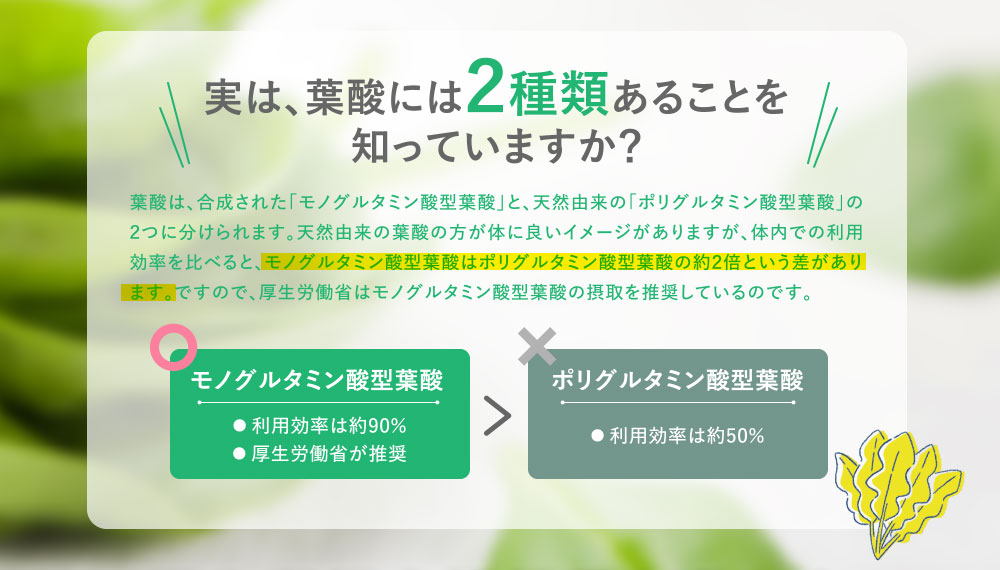 実は、葉酸には２種類あることを知っていますか？
      葉酸は、合成された「モノグルタミン酸型葉酸」と、天然由来の「ポリグルタミン酸型葉酸」の２つに分けられます。天然由来の葉酸の方が体に良いイメージがありますが、体内での利用効率を比べると、モノグルタミン酸型葉酸はポリグルタミン酸型葉酸の約２倍という差があります。ですので、厚生労働省はモノグルタミン酸型葉酸の摂取を推奨しているのです。