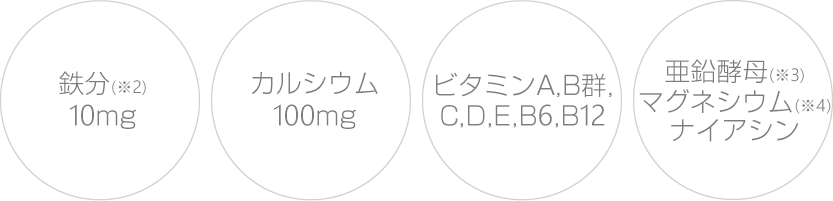 鉄分10mg カルシウム100mg ビタミンA,B群,C,D,E,B6,B12 各種ミネラル・亜鉛酵母・マグネシウム・レシチン・ラクトフェリン・ココナッツオイル